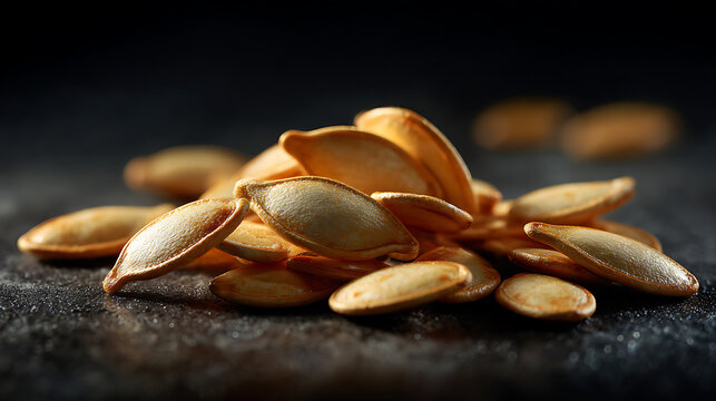 A close-up shot of a pile of pumpkin seeds, showcasing their natural texture and earthy tones. The seeds are golden and inviting.