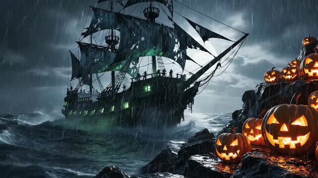 Ghost ship sailing on stormy ocean at night past glowing jack o lantern pumpkins. Halloween scene with dark sailing vessel, full moon and mysterious sea weather.
