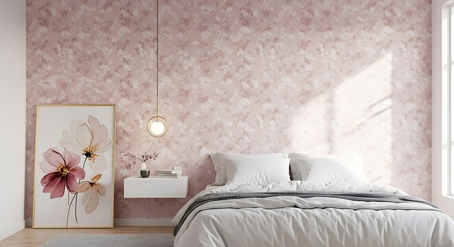 Modern Bedroom Interior with Pink Wallpaper.