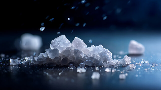 Close-up of a pile of salt crystals, emphasizing their texture and detail. The crystals are illuminated in a studio setting, enhancing their sharp angles and natural beauty.