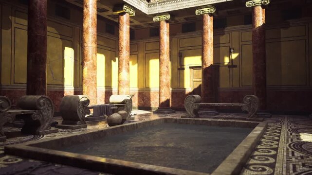 Dusky imperial bath atrium with pool and towering columns, shafts of warm light cutting through skylights, textured mosaic walkway, scattered stone debris, deep