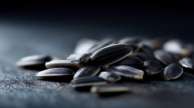 A close-up view of sunflower seeds on a dark surface, showcasing their detailed texture and pattern.