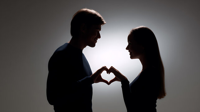 Romantic silhouette of a couple creating a heart shape with their hands, symbolizing love and connection