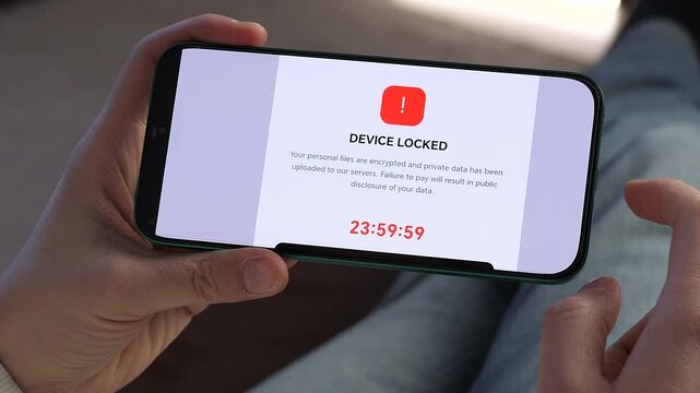 Man Clicks Phishing Link on Smartphone Leading to Ransomware Attack. High-quality shot of a phishing scam. A mobile user clicks a link from Sister and gets hit by malware. Screen shows locked device