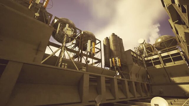 Industrial corridor ambiance. Repeating modules in spacious passage. Expansive industrial hallway featuring modular design and rhythmic lighting effects
