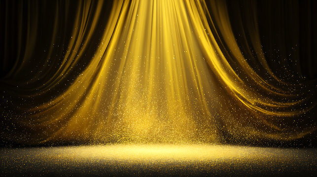 Golden light illuminating a stage with flowing curtains, creating a dramatic atmosphere. The light casts shadows and highlights a sense of grandeur and anticipation