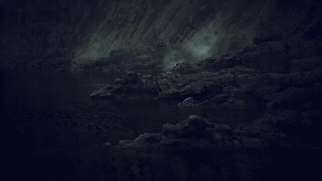 Ghostly emerald sky above silent clouds, uncanny glow and muted forms create dreamlike tableau, distant plateau and stillness convey otherworldly quiet.