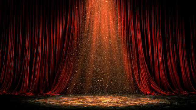 A dramatic theatre with red curtains and a spotlight shining down, creating an atmospheric ambiance