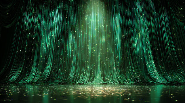An elegant emerald stage curtain with lights and reflections. The backdrop exudes a sense of mystery and sophistication