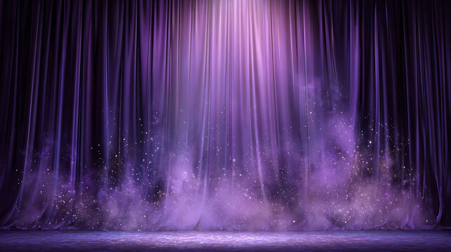 Empty stage with violet stage curtains, illuminated by spotlights, waiting for performers to appear 