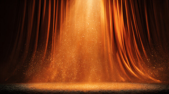 Theatrical curtains illuminated by a single spotlight create a dramatic setting. The rich colors of the curtains and light instil a sense of anticipation