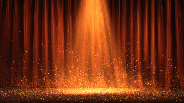 A spotlight illuminates a stage with red curtains, creating a dramatic atmosphere. The scene evokes anticipation and the excitement of a performance