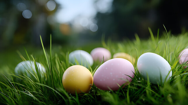 A cluster of colorful eggs nestled among vibrant green grass, evoking a sense of renewal and celebration.