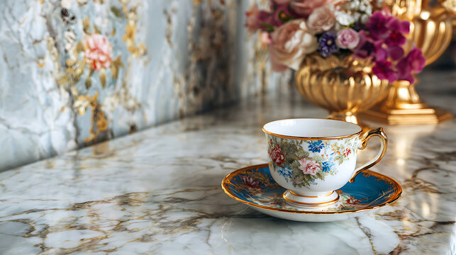 A delicately painted teacup with saucer and a golden vase of flowers placed elegantly on a marble surface, creating an atmosphere of sophistication and relaxation.