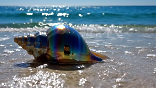 Iridescent conch shell on sandy beach with ocean waves and sunlight
