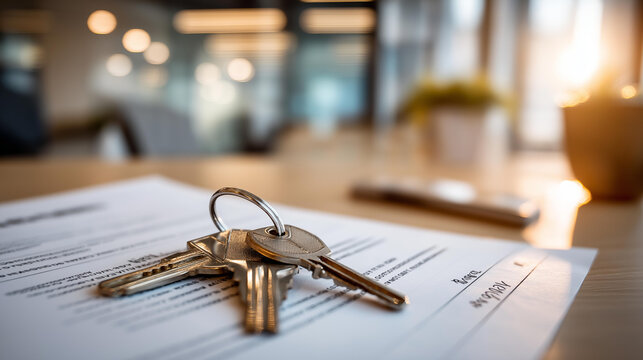 Close up of a set of keys resting on top of a printed leasing document on a bright desk the keys showing a property shaped keychain and the document showing lease term headings