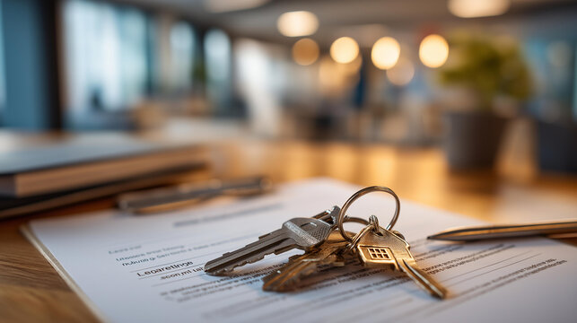 Close up of a set of keys resting on top of a printed leasing document on a bright desk the keys showing a property shaped keychain and the document showing lease term headings
