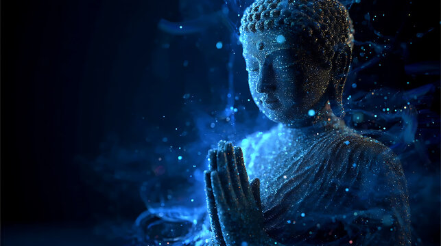 A serene and enlightened Buddha statue emitting ethereal glow in a shadowy ambiance