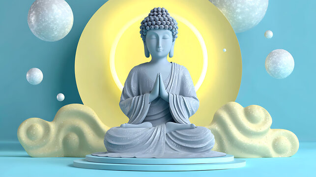 Serene Buddha statue in meditative pose, radiating peace and tranquility. The statue is placed in front of a yellow circular background and clouds, which adds a dreamy aura