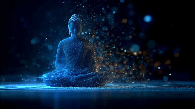 A spiritual illustration of a meditating buddha statue, illuminated by lights