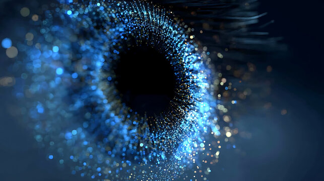 An abstract digital art of a swirling black hole with blue particles and sparkles around
