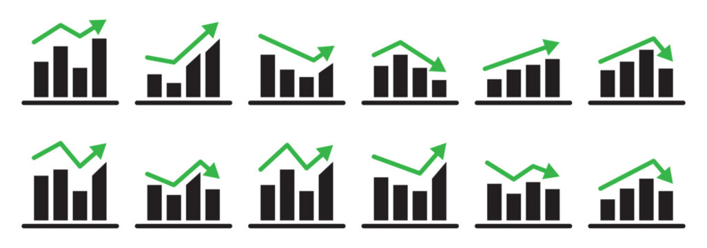 Business success growth arrow icon vector isolated on white background. Growing bar chart icon set.  glyph graph bar. Containing arrow up, growing graph, business chart icons.