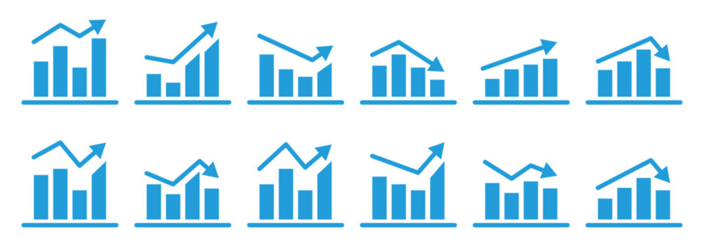 Growing graph set. Financial profit blue line and solid icon set. Containing arrow up, growing graph. Profit growth sign. Business chart icon.