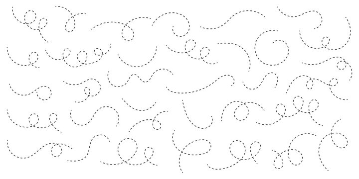 Spiral dotted line hand drawn. Curved dotted line, Path travel dotted line trip dashed trace destination. Spiral dotted line hand drawn. Hand drawn dotted line element set.