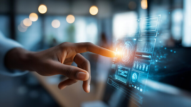 Close up of a hand touching a holographic leasing icon on a virtual screen the icon expanding to reveal contract management tools asset leasing categories finance agreement