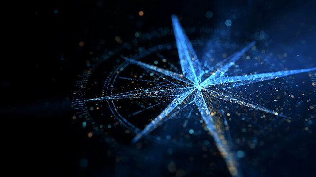 A luminous compass rose against a deep blue background, symbolizing direction, navigation, and exploration. The radiant design adds a touch of mystery and wonder.