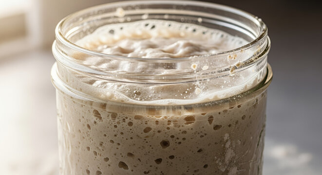Fermented sourdough starter in a glass jar on a light background