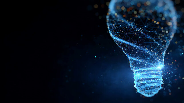 A captivating digital rendering of a glowing light bulb, filled with particles, on a dark backdrop, symbolizing the spark of an idea