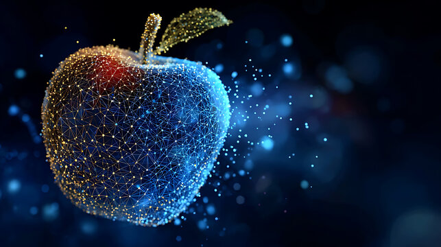 A vibrant digital apple glowing with colorful particles, representing innovation and technology