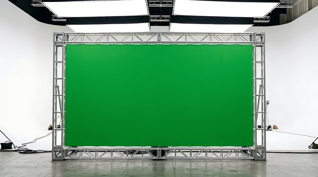 Green screen backdrop for professional video production inside a modern studio set