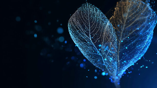A digitally rendered image of transparent leaves glowing with blue light against a dark background