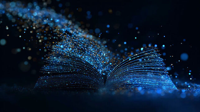A captivating image of an open book with glittering particles swirling around it. The particles form a trail, creating a magical effect. 