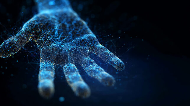 A digital hand rendered with particles on a dark backdrop, symbolizing technology and connection. The hand is outstretched, offering a sense of interaction