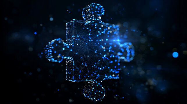 A glowing puzzle piece made of particles floating in a dark space