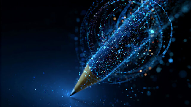 Creative representation of digital pen or pencil surrounded by technology-driven spheres, perfect for design and writing concepts.
