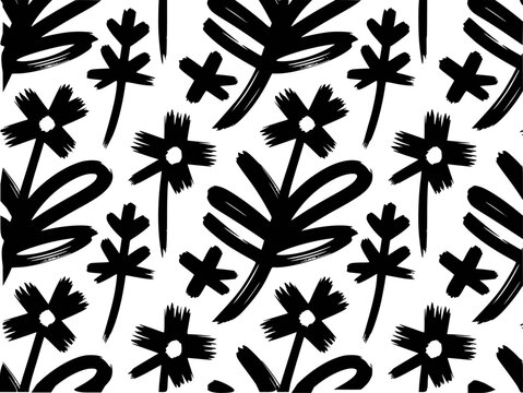 Black and White Abstract Floral Pattern Brush Stroke Hand Drawn Style
