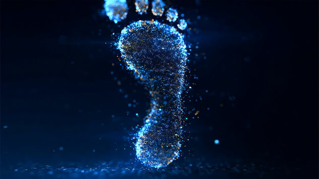 A sparkling footprint made of tiny glowing particles against a dark background, representing a unique identity.