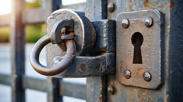 Antique metal padlock on vintage iron gate with cinematic lighting in 8k