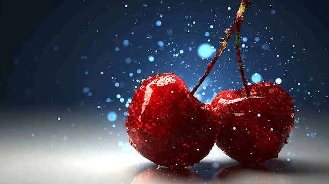 Two glistening cherries, captured with artistic flair, showcase their vibrant colors against a backdrop of glistening specks. The droplets on the surface enhance the fresh appearance