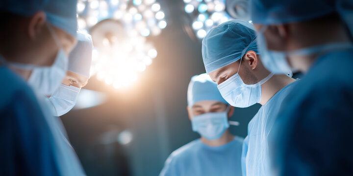 Team of surgeons in medical masks and caps performing operation in operating room with bright surgical lights and focused teamwork, healthcare and surgery concept