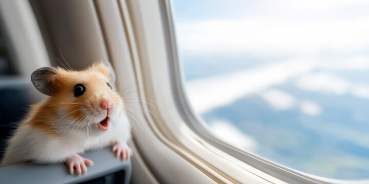 Hamster looking out of airplane window with wide eyes and tiny paws on edge with mountains and clouds below in soft daylight, humorous travel reaction concept, fear of flying