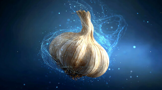A single garlic bulb with a stunning blue aura surrounding it. This image encapsulates health, food, and culinary delight.
