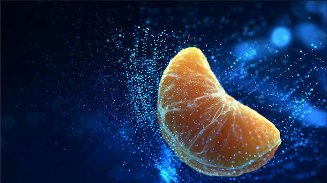 A slice of orange fruit with a beautiful visual in a dreamy background. The vibrant orange color of the fruit contrasts beautifully with the blue background