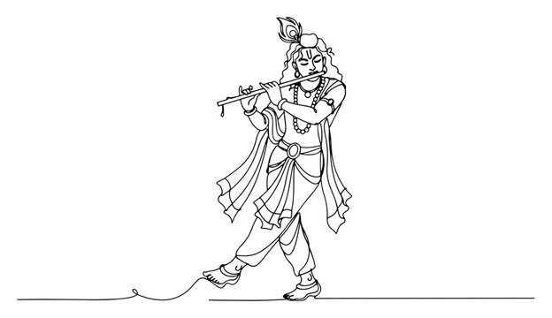 Krishna playing flute in continuous one line art style