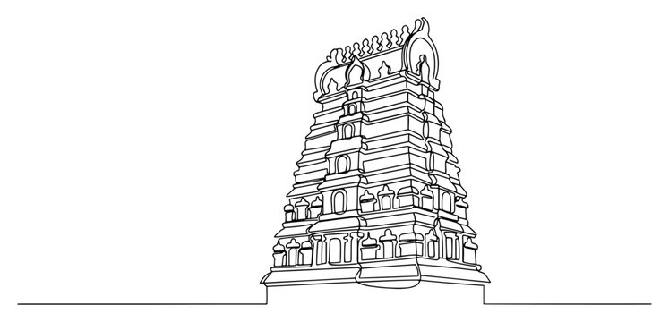 South Indian hindu temple gopuram architecture in minimalist continuous line art style
