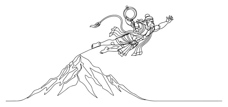 Lord Hanuman flying over Dronagiri mountain with Sanjeevani herb in minimal line art style